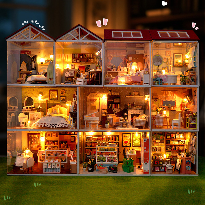 Kids Toys Kitchen Set - DIY Wooden Dollhouse Mini Bedroom Kitchen